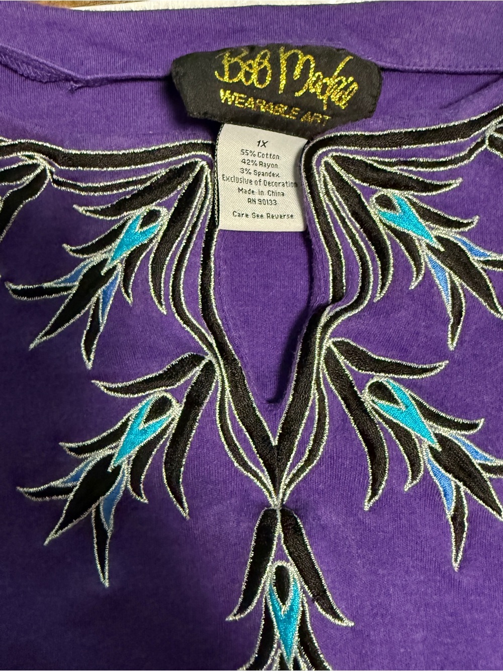 Bob Mackie Purple Top with Black and Teal Embroidery